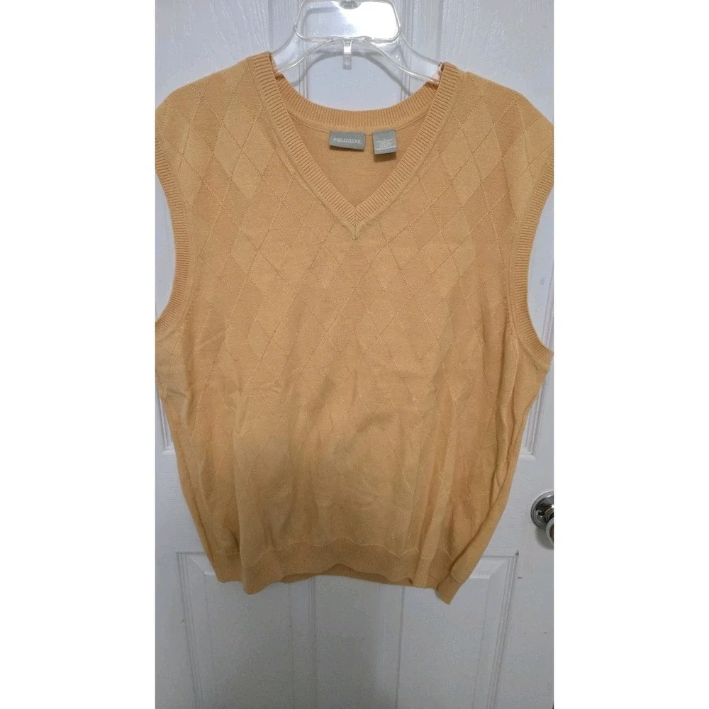 Vintage Fieldgear Men's 100% Cotton Argyle Sweater Vest L Tan Made in Hong Kong